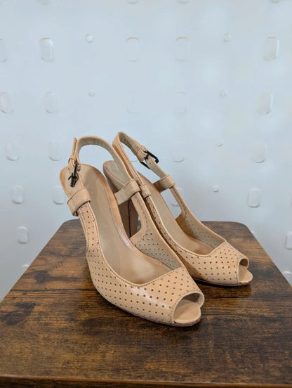 Jaeger Nude Perforated Leather Peep Toe Slingback Heels EU39 UK6