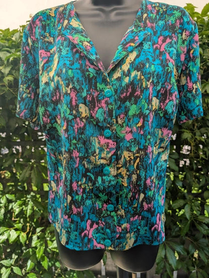 Vintage Handmade 1980s Abstract Print Shirt Pink Blue Green