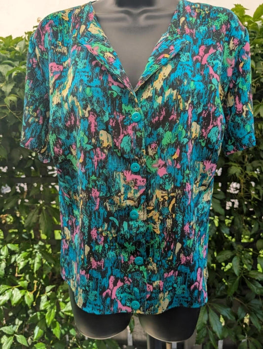Vintage Handmade 1980s Abstract Print Shirt Pink Blue Green