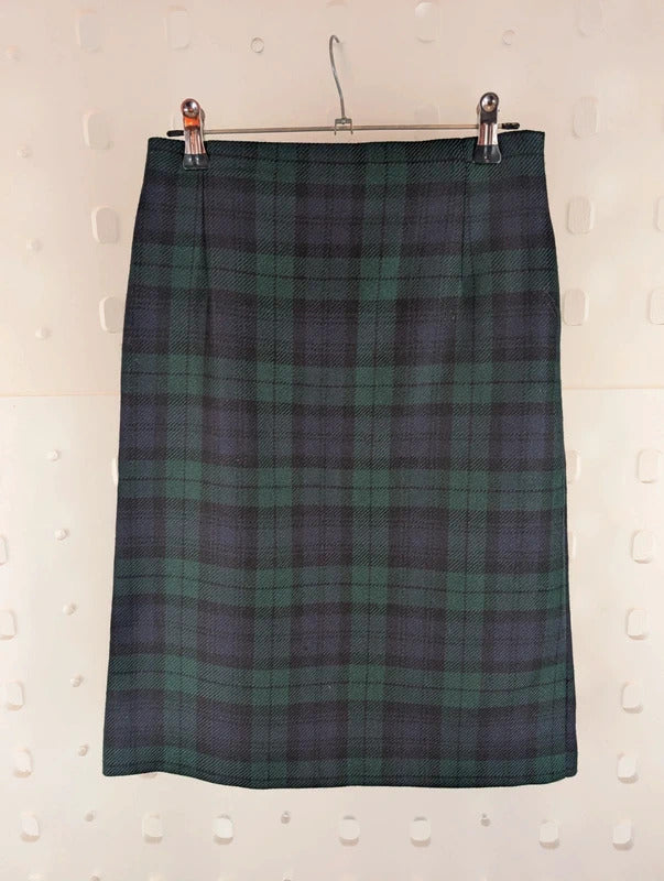 Vintage St Michael Pure New Wool Tartan Pencil Skirt UK8 Made in UK