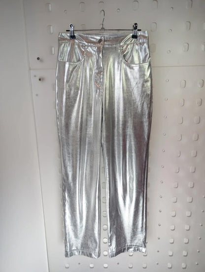 Amylynn Metallic Silver Straight Leg Trousers XS Statement