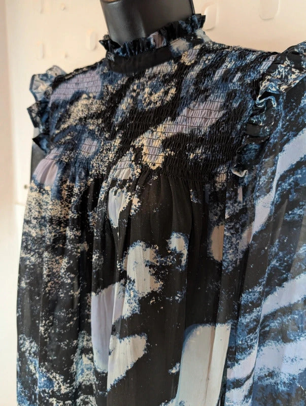 B.Young Navy Abstract Print Sheer Blouse UK8
