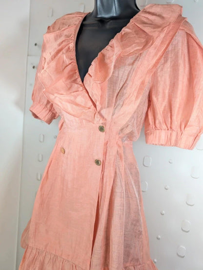 Sandro Peach Linen Blend Wrap Dress Statement Collar Parisian Chic UK10/12