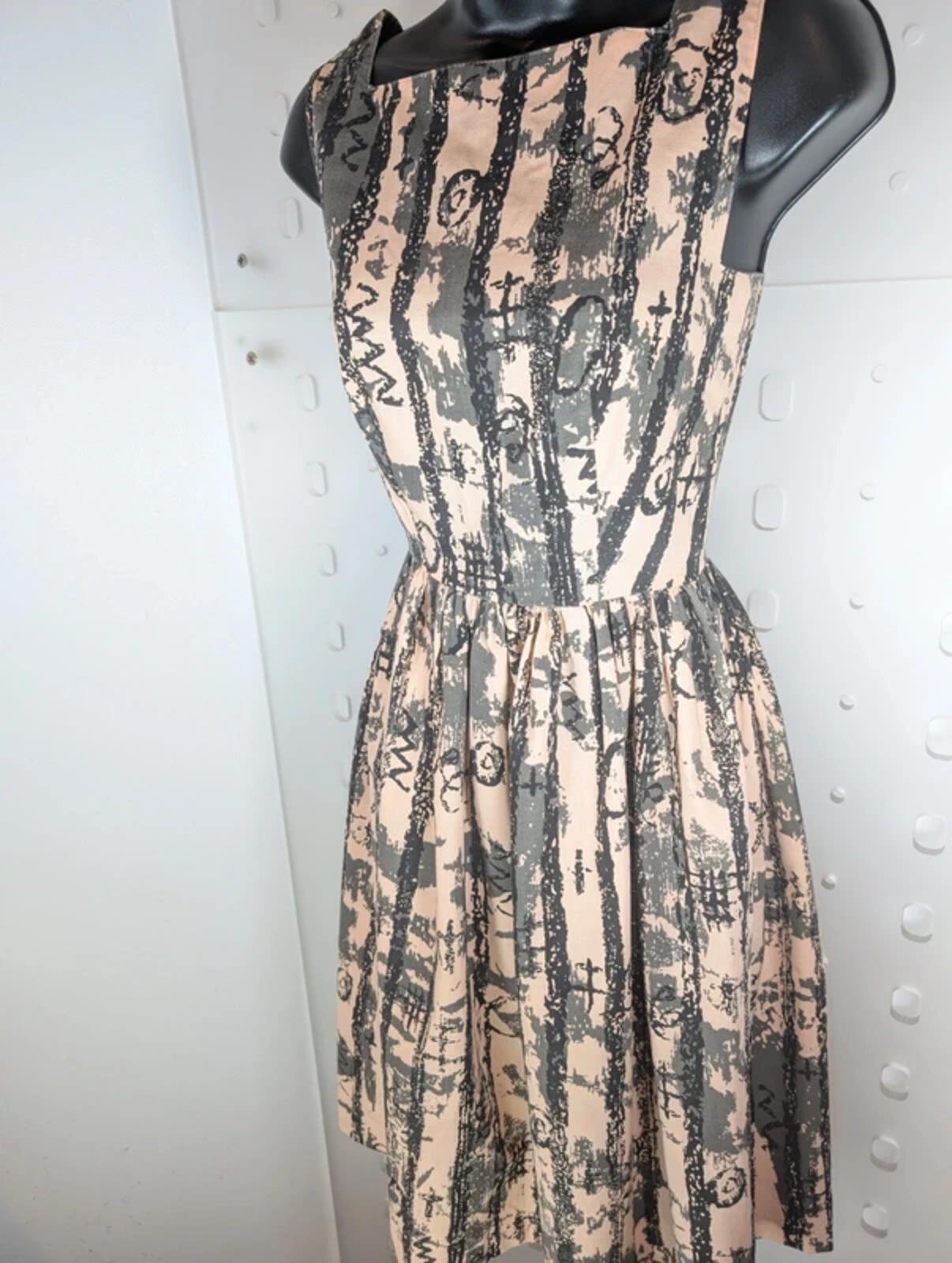 Vintage Miss Selfridge Cotton Fit & Flare Dress Peach Black UK6/8
