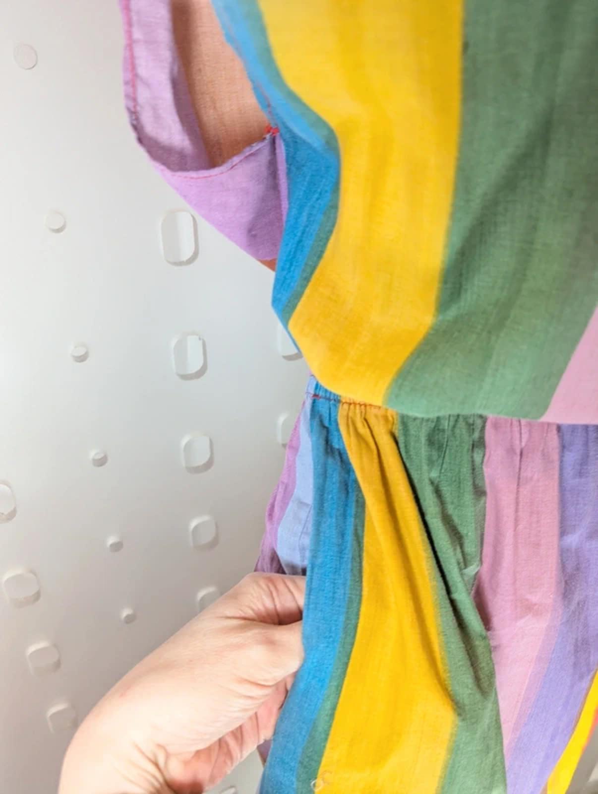 Vintage Rainbow Stripe Cotton Day Dress Button Front Pockets UK10