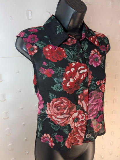 Sheer Black Floral Cropped Blouse – Boxy Fit Button Front – UK 10/12