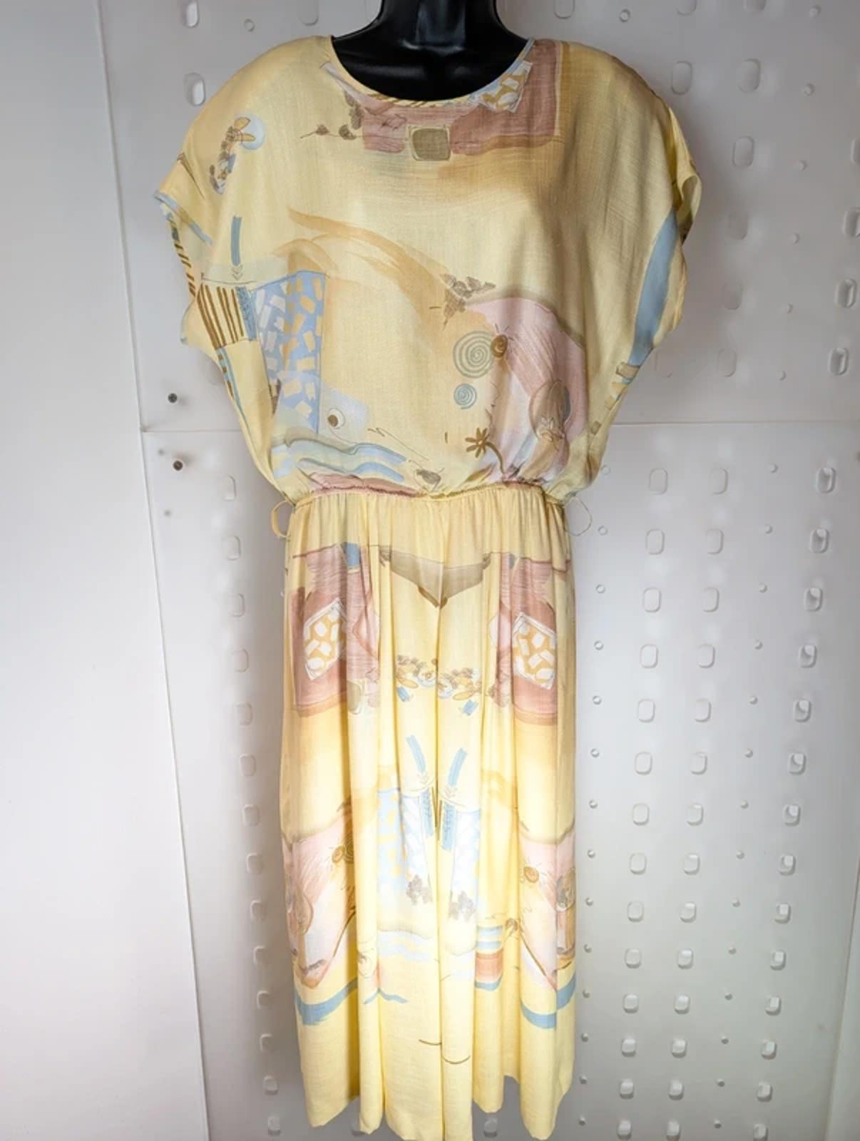 Vintage Janina Schreck Yellow Patterned Midi Dress UK 16