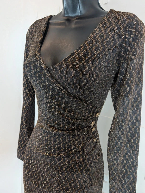 Vesper Bronze Black Art Deco Bodycon Dress UK10