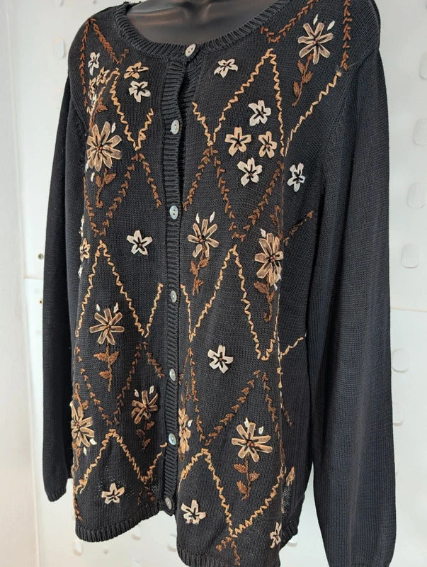 Alfred Dunner Black Floral Appliqué Cardigan Size L