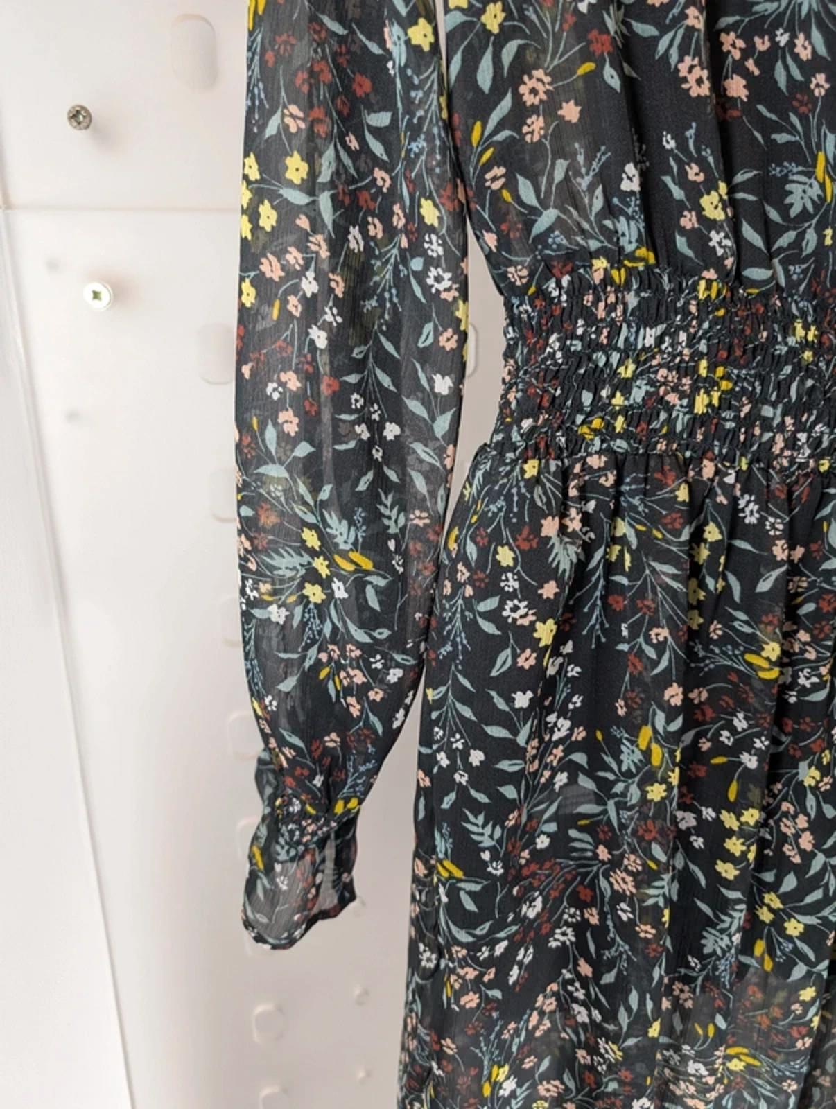 Soaked in Luxury Saseline Sheer Floral Midi Dress Long Sleeve Shirred Waist