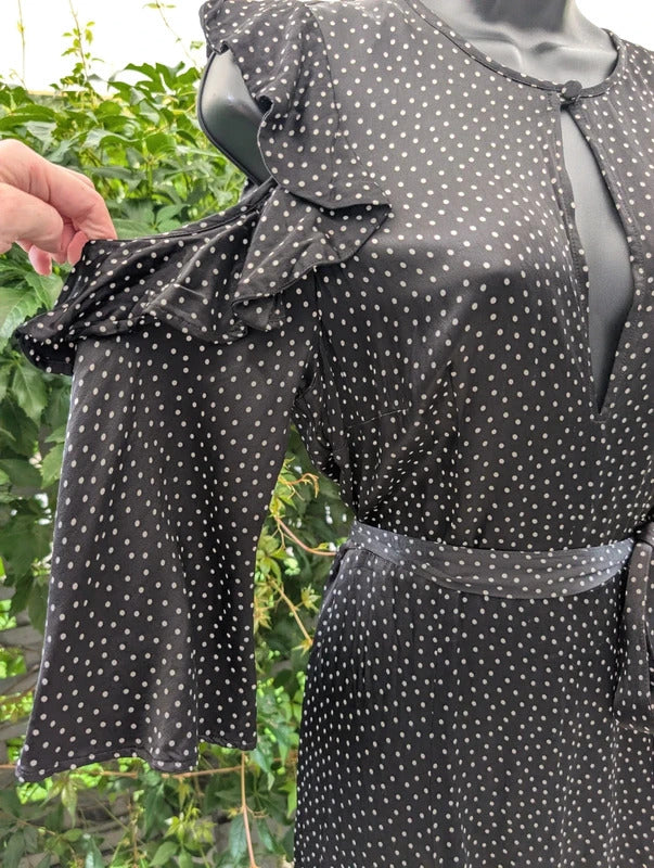 Ghost Black Polka Dot Midi Dress | Keyhole Neck | Cut Out Shoulders | UK M