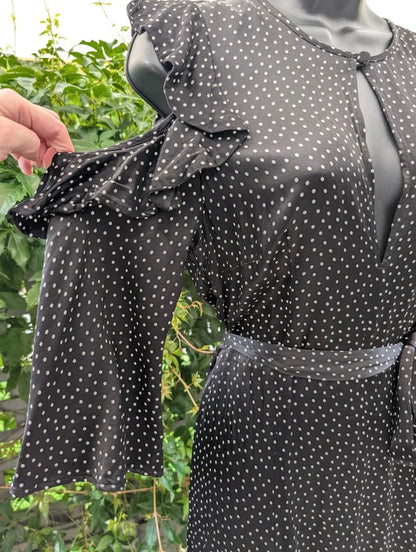 Ghost Black Polka Dot Midi Dress | Keyhole Neck | Cut Out Shoulders | UK M