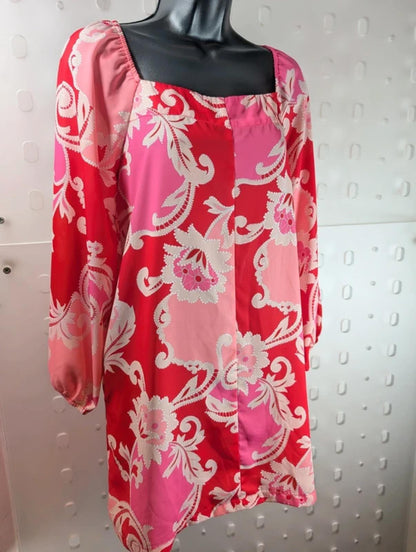 Traffic People 60s Style Mini Dress Pink Red Print Medium