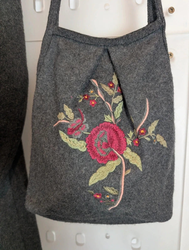 Vintage Cazz Grey Wool Blend Embroidered Swing Coat & Matching Bag M