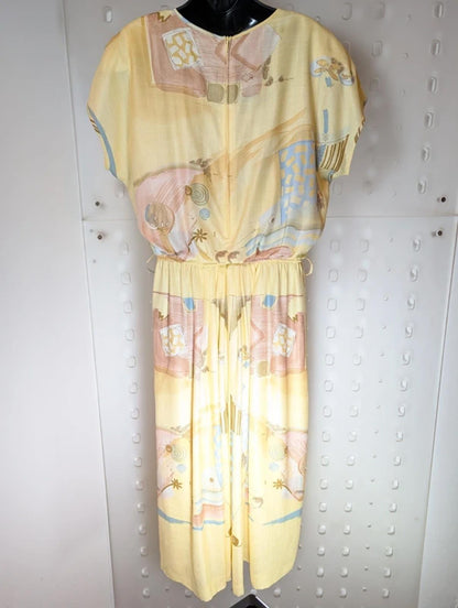 Vintage Janina Schreck Yellow Patterned Midi Dress UK 16
