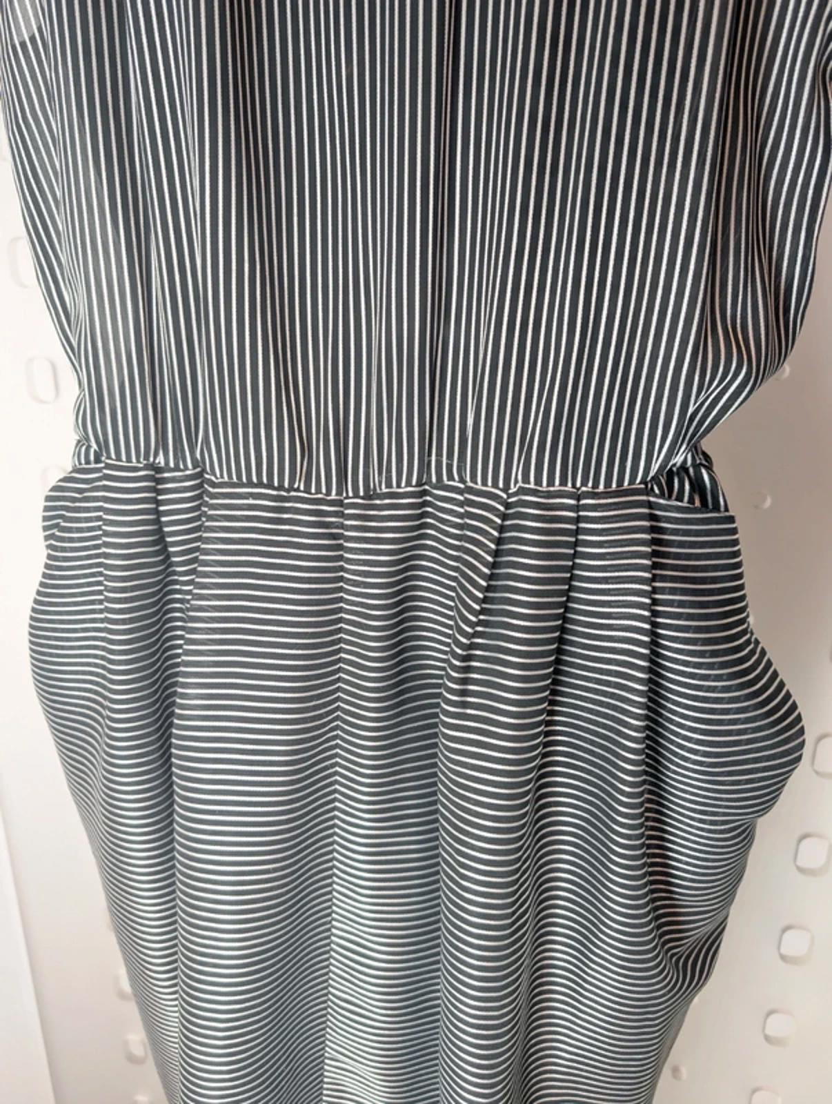 Vintage Black Silver Pinstripe Statement Dress Oversized Collar UK 12