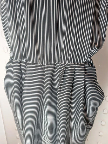 Vintage Black Silver Pinstripe Statement Dress Oversized Collar UK 12
