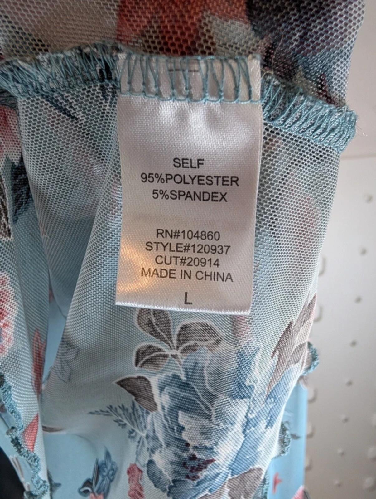 Y2K Blue Floral Mesh Top Size L Sheer Stretch