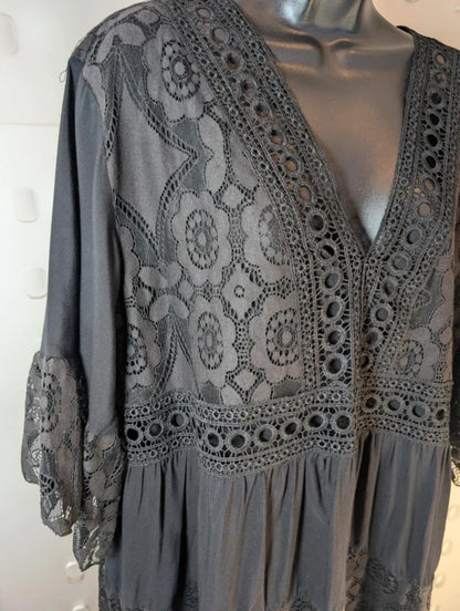 Black Lace Dress – Flared Sleeves V Neck – Sheer Detail – Gothic Summer One Size