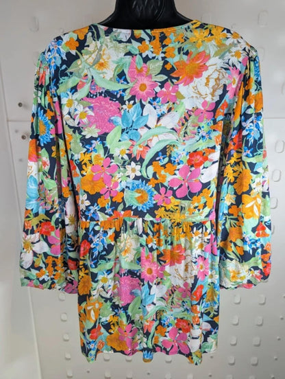Eb & Ive Tropical Floral Kaftan Top Black Multi Large