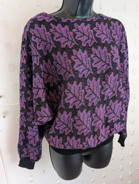 Vintage C&A Purple Black Abstract Leaf Batwing Jumper UK10