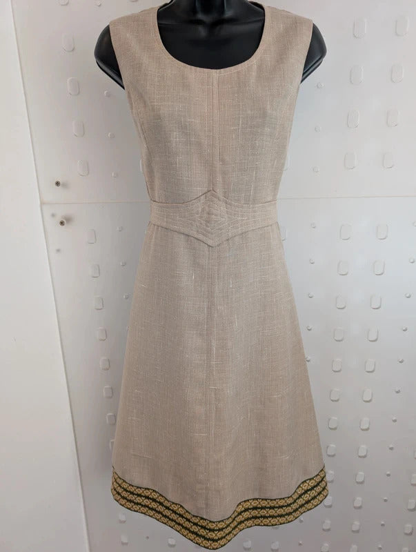 Vintage Handmade Beige Dress Geometric Trim Approx UK10 / 12