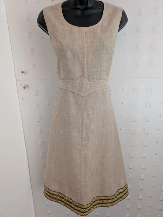 Vintage Handmade Beige Dress Geometric Trim Approx UK10 / 12
