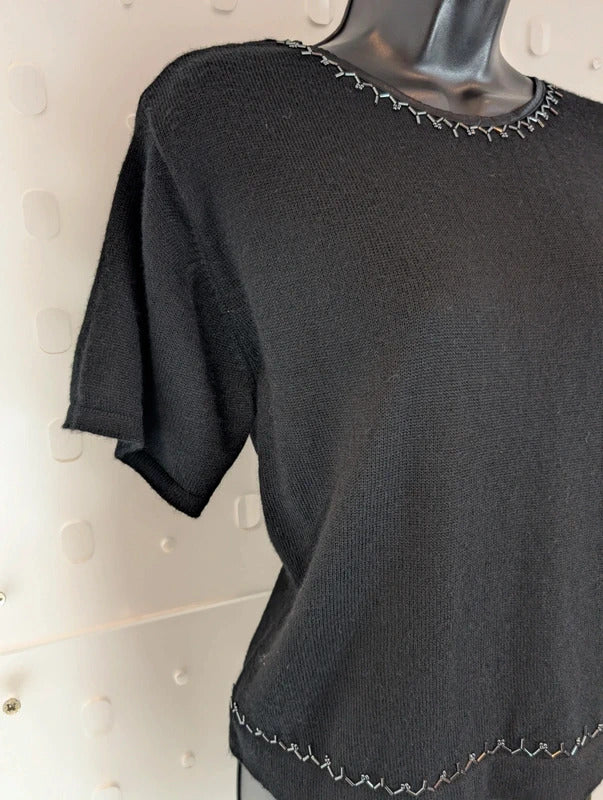 Petite Sophisticate Black Merino Wool Blend Knit Top L