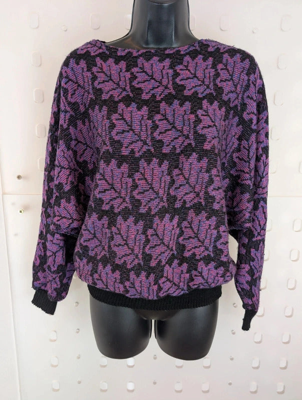 Vintage C&A Purple Black Abstract Leaf Batwing Jumper UK10