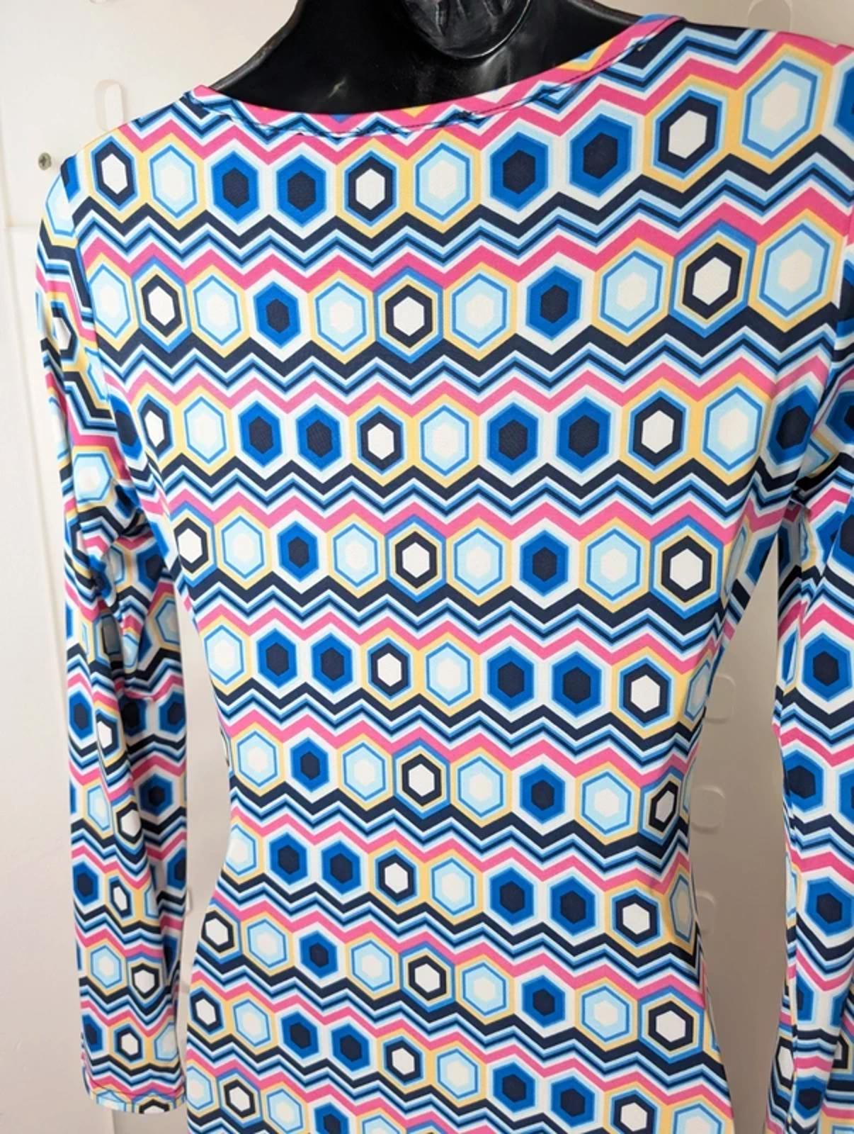 Onjenu Geometric Print Wrap Dress UK 8 Stretch Jersey Knee Length 70s Style