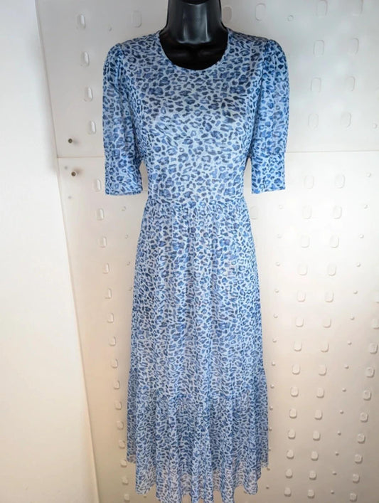 Baum und Pferdgarten Blue Leopard Mesh Midi Dress UK10–12 Puff Sleeve