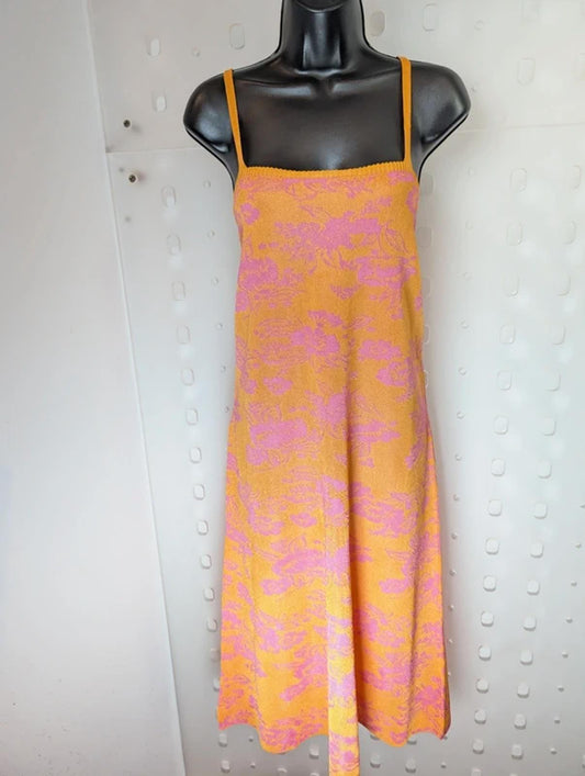 Zara Knit Strappy Midi Dress Pink Orange Stretch Square Neck S