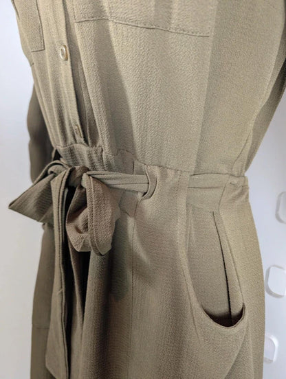 Monteau Khaki Green Utility Shirt Dress Tie Waist Pockets Small