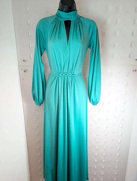 Vintage 1970s Crimplene Maxi Dress Teal UK8/10