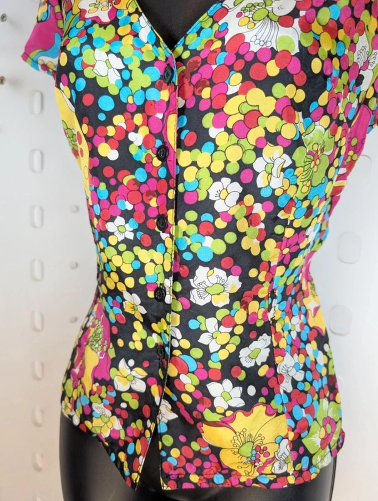 Axara Paris Silk Blouse XS Colourful Print Statement Collar Fitted 70s Inspired