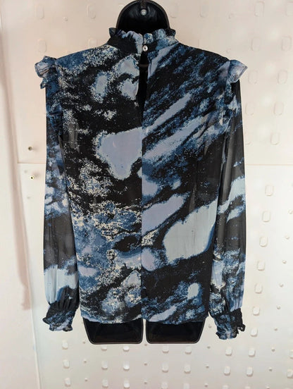 B.Young Navy Abstract Print Sheer Blouse UK8
