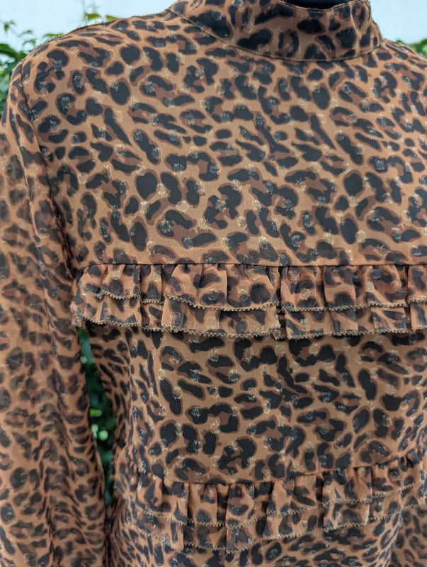 Six Ames Malina Leopard Print Ruffle Blouse Size 38