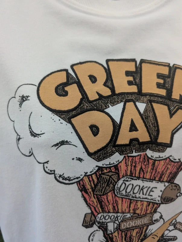 Green Day Dookie Band T-Shirt White Cropped Large