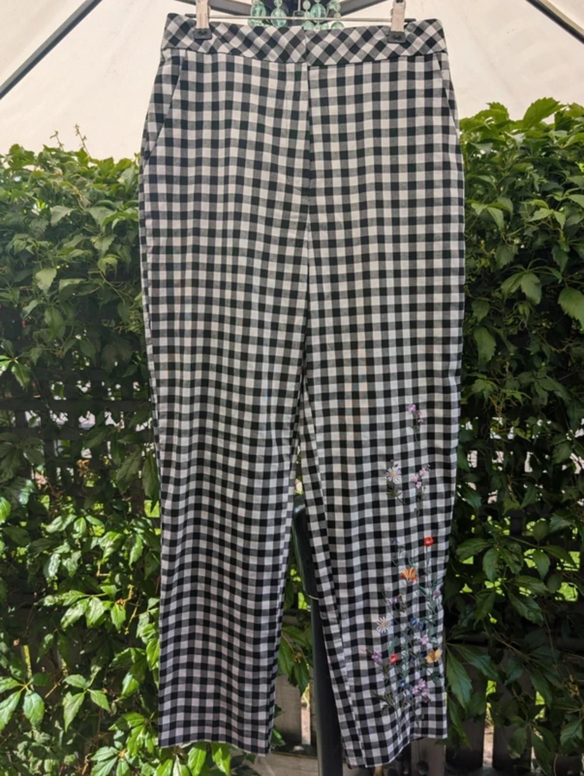 Topshop Check Embroidered Trousers Black White UK10
