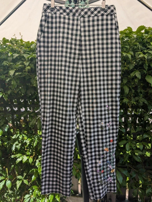 Topshop Check Embroidered Trousers Black White UK10
