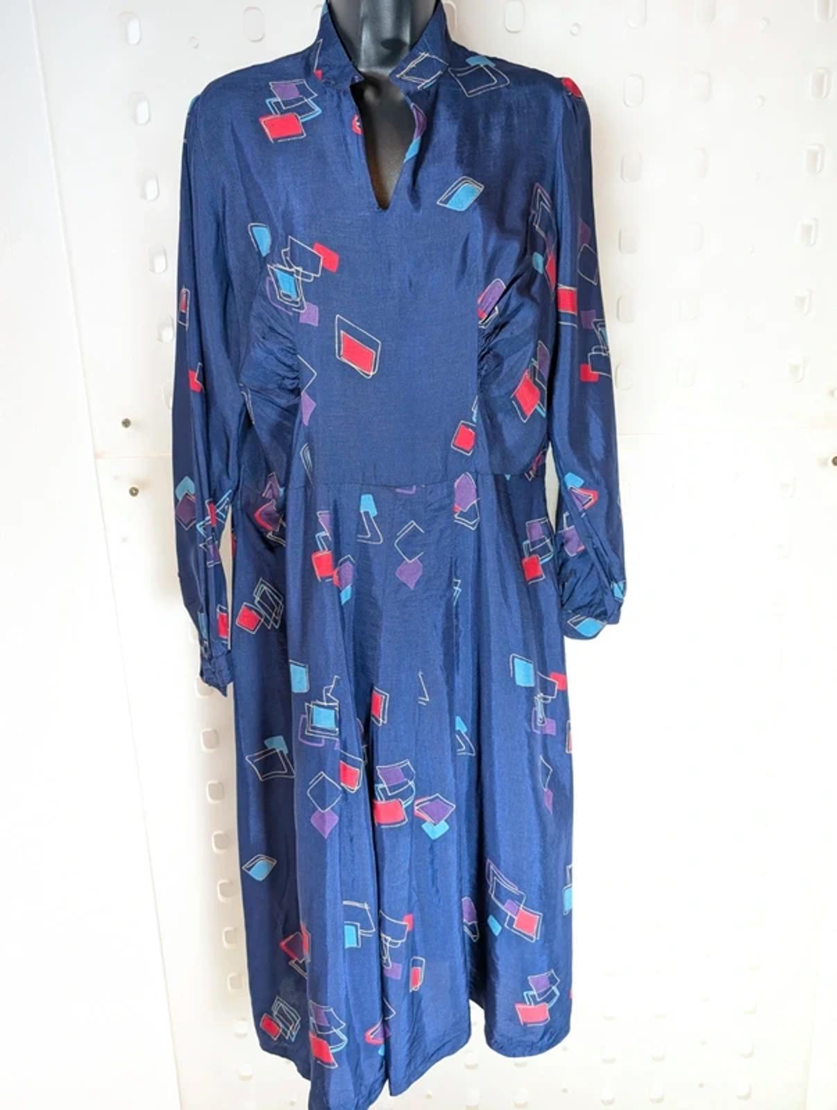 Vintage Navy Abstract Print Midi Dress Made in Greece