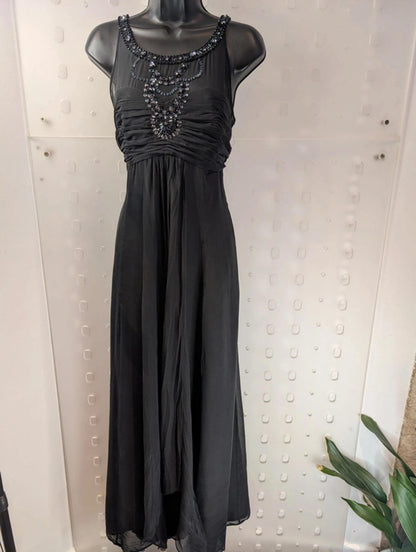 Monsoon Black Silk Beaded Maxi Evening Dress UK 16