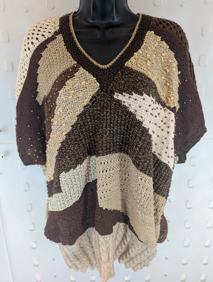Vintage 1980s Handmade Brown Gold Abstract Knit Vest Wearable Art
