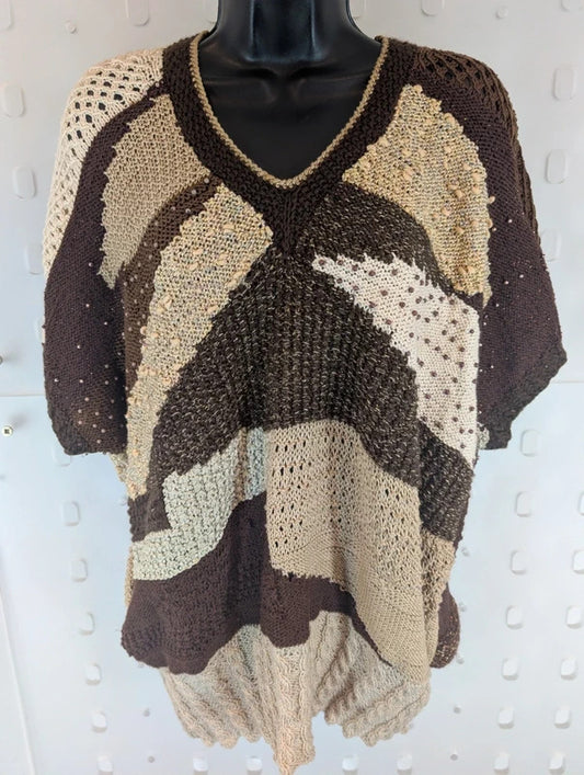 Vintage 1980s Handmade Brown Gold Abstract Knit Vest Wearable Art