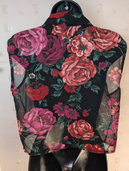 Sheer Black Floral Cropped Blouse – Boxy Fit Button Front – UK 10/12