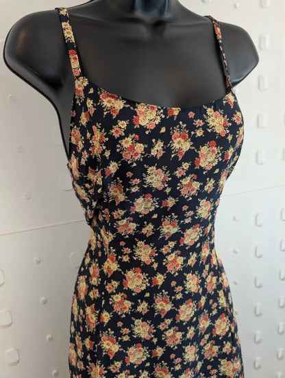 Vintage 90s Made in Great Britain Navy Rose Floral Maxi Dress UK16