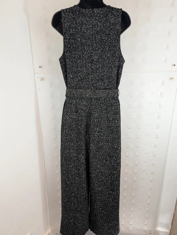 Mango Black Marl Wide Leg Belted Jumpsuit Size L NWT