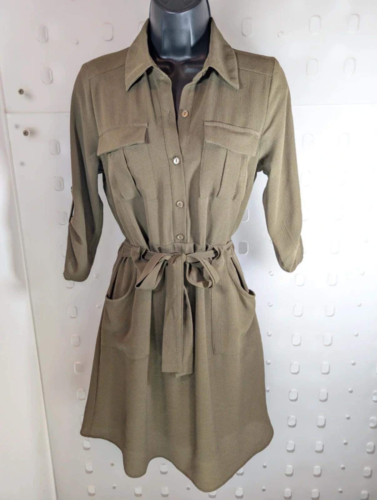 Monteau Khaki Green Utility Shirt Dress Tie Waist Pockets Small