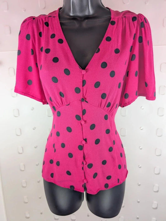 Dusk London UK14 Barbie Pink Polka Dot 50s Inspired Viscose Blouse