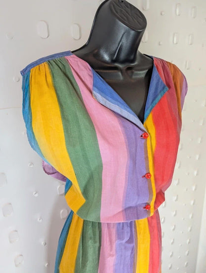 Vintage Rainbow Stripe Cotton Day Dress Button Front Pockets UK10